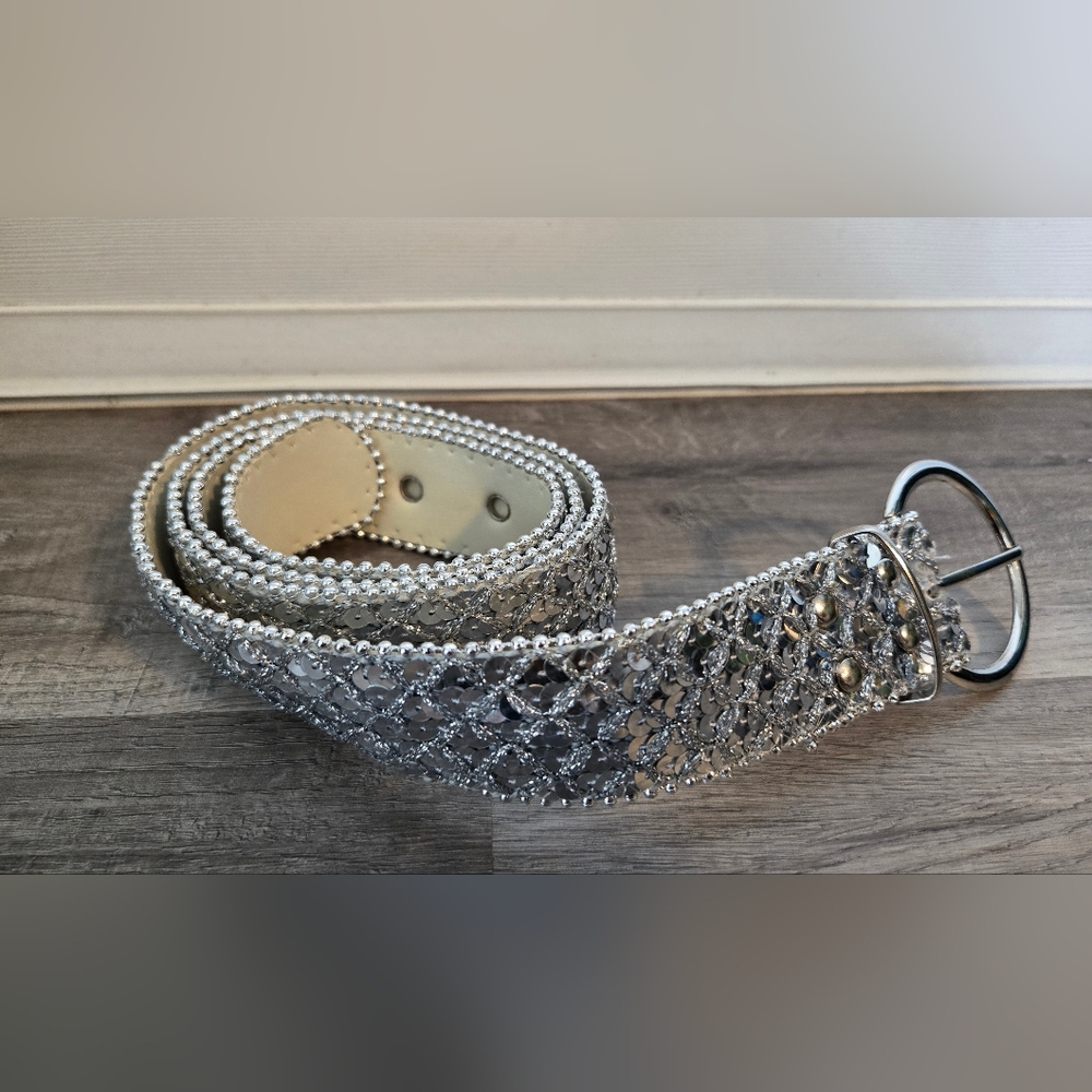 Silver Sequins Embellished Women's Belt, Adjustable 35-41 Inches, EUC